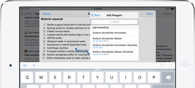 Insert reagents on iPad and iPhone