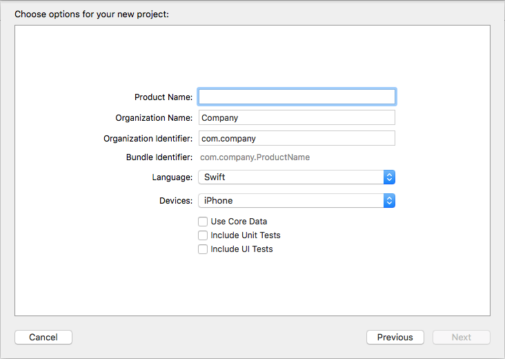 Xcode new project options